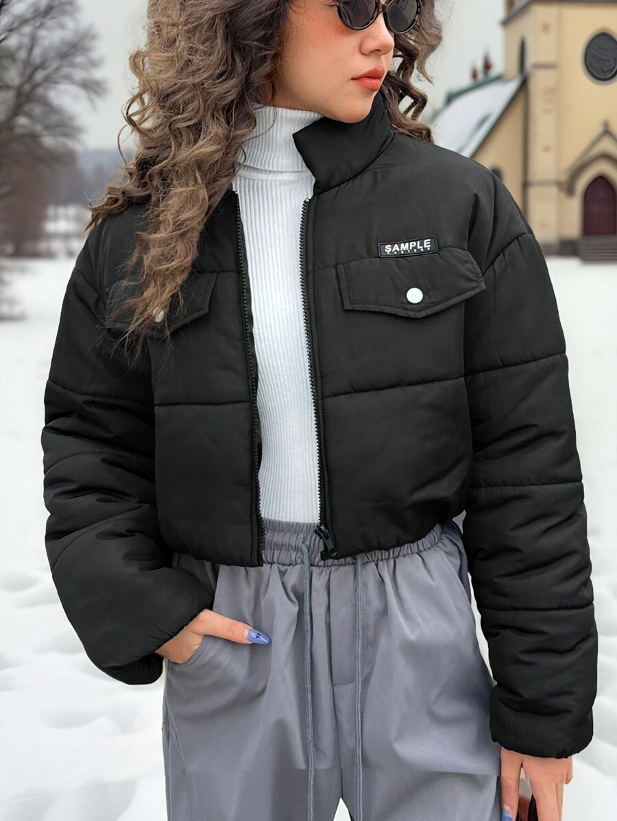 SHEIN Leap Crew 少女黑色短款拉链休闲运动风厚款长袖外套短款夹克时尚拉链领机车短款保暖跨年