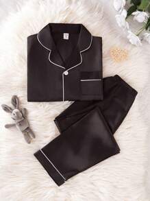 SHEIN 2pcs Tween Boy Elegant Plain Black Pajamas Set, Long Sleeve Top & Pants, Casual & Comfortable Loungewear - Black - View 5