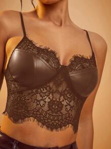 Hauture PU Leather Bust Lace Cami Corset Top - Coffee Brown - View 5