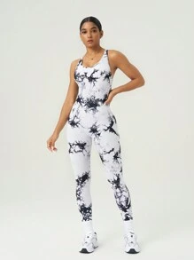 SHEIN Sports Women's Tie Dye Print Backless Crisscross Design Sport Jumpsuit For Daily Wear & Finess - Grey - View 2