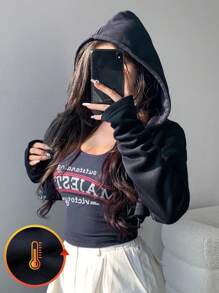 DAZY Bộ 2 áo hoodie nữ + áo ba lỗ in chữ, áo nỉ chui đầu lót nhiệt, quần áo mùa thu, lót nhiệt có khóa kéo - Màu xanh hải quân - Xem 1