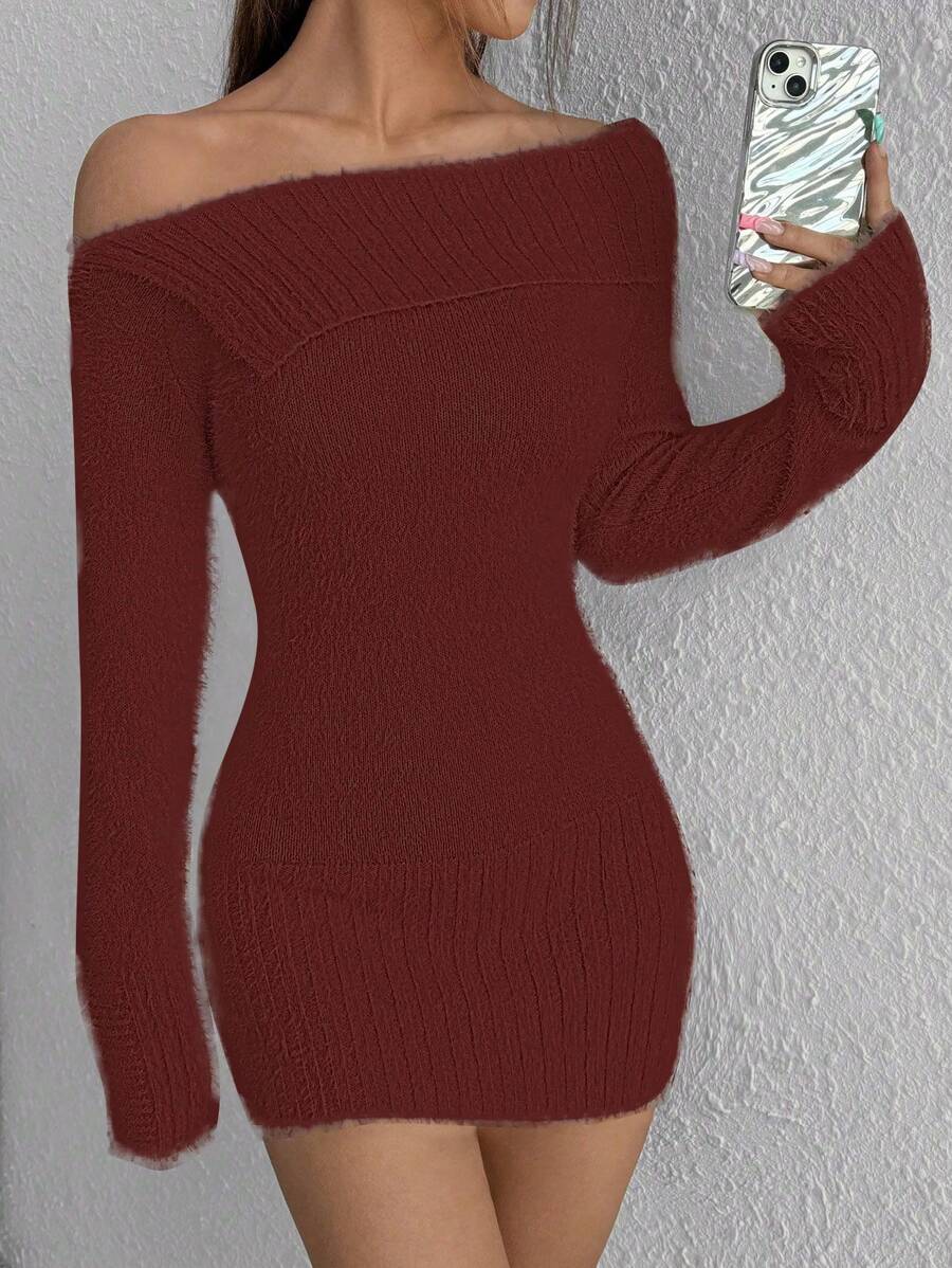SHEIN Unity 女士纯色不对称领口修身迷你毛衣裙,秋冬 - 酒紅色 - 查看 1