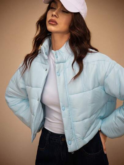 Forever 21 Women Solid Color Zipper Front Short Casual Padded Coat, Winter