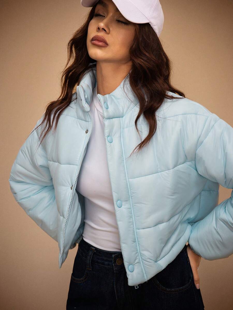 Forever 21 女士纯色前拉链短款休闲棉服外套,冬季 - 藍色 - 查看 1