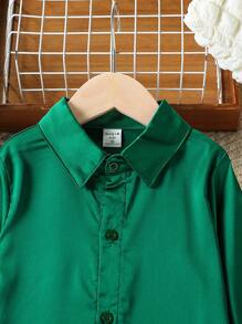 SHEIN 2pcs/Set Young Girl Satin Fabric Shirt With Fur Sleeve Trim And Fur Trim Pants,7th Birthday Outfit For Special Occasions,Everyday Wear,Autumn,Winter - Dark Green - View 4