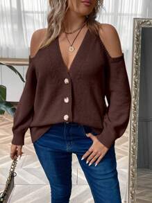 Áo khoác cardigan dáng rộng tay dài hở vai màu trơn đơn giản dành cho nữ cỡ lớn, mùa thu/đông - Màu nâu Sô-cô-la - Xem 3