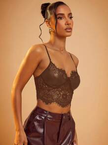 Hauture PU Leather Bust Lace Cami Corset Top - Coffee Brown - View 6