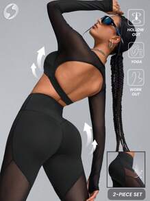 Innovista Women Plain V-Neck Long Sleeve Top With Mesh Contrast Pants, Sports Suit - Black - View 2