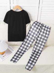 2pcs Girls Pajama Set With Snug Fit Letter And Plaid Print, Comfortable Short Sleeve Top And Long Pants