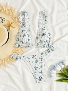 New Floral Ruffle Trim Triangle Cup Cute Bikini Set, Perfect For Beach Holiday Summer - Multicolor - View 6