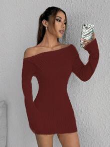 SHEIN Unity 女士纯色不对称领口修身迷你毛衣裙，秋冬 - 酒紅色 - 查看 6