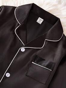 SHEIN 2pcs Tween Boy Elegant Plain Black Pajamas Set, Long Sleeve Top & Pants, Casual & Comfortable Loungewear - Black - View 6