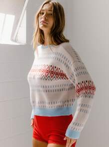 Aralina Soft Fair Isle Textured Blue And White Jacquard Christmas Sweater - White - View 6