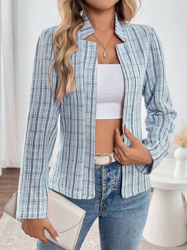 Calvaya Damen elegante Büromode karierter Langarm-Blazer mit offenem Verschluss, geeignet für den Weg zur Arbeit im Herbst