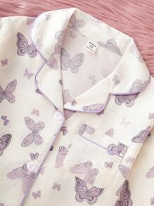 青少年女孩睡衣套装，杏色可爱蝴蝶印花长裤和长袖休闲两件套睡衣 - 杏色 - 查看 6