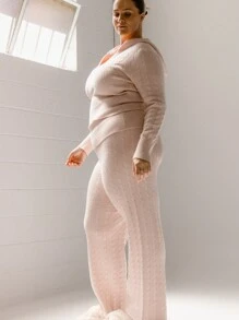 Aralina Curve Warm And Plush Soft Pink Knitted Wide-Leg Pants