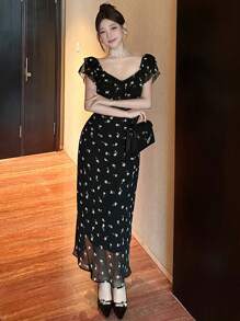 DAZY Váy dạ hội tay ngắn họa tiết hoa lá dọc thân, viền bèo nhún, dáng bohemian, đi biển mùa hè cho nữ - màu đen - Xem 6