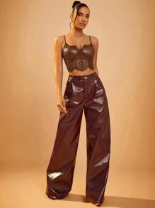 Hauture PU Leather Bust Lace Cami Corset Top - Coffee Brown - View 3