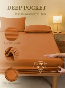 1件纯色姜黄色床笠，床垫保护套，柔软透气，适用于多种床型——单人床、双人床、大号双人床、特大号双人床，深口袋设计，最大厚度可达11.8英寸，家用纺织品 - 薑色 - 查看 2