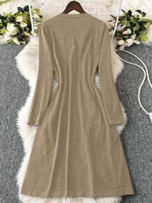 SHEIN Clasi Gaun Sweater Polos Ukuran Besar, Kasual dan Modis untuk Pakaian Sehari-hari Musim Gugur untuk Wanita - Unta - View 2