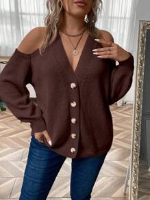 Áo khoác cardigan dáng rộng tay dài hở vai màu trơn đơn giản dành cho nữ cỡ lớn, mùa thu/đông - Màu nâu Sô-cô-la - Xem 5