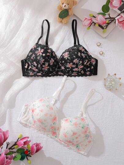 Countryside Floral Romantic Adolescent Corrective Bra Comfortable Breathable 3/4 Cup 2 Pieces Undergarment, Teen Girl Lingerie