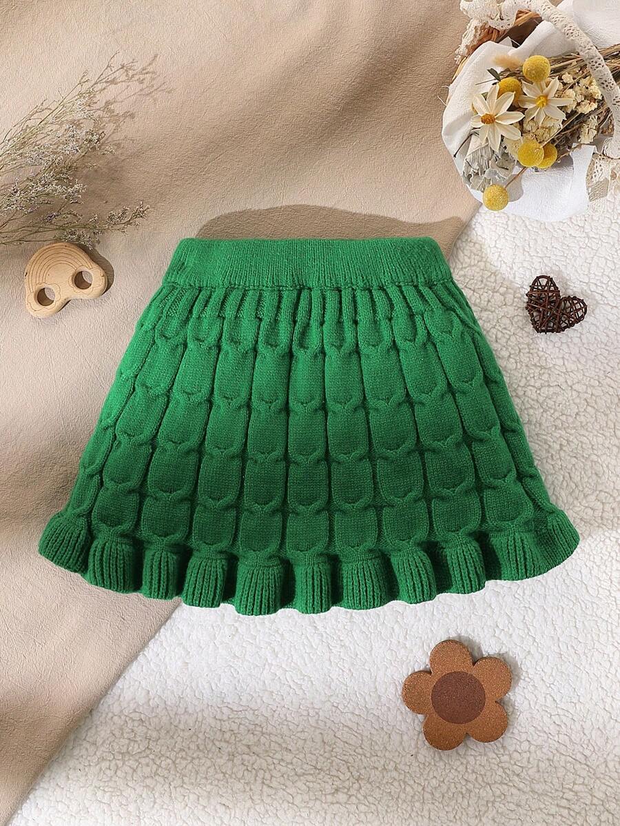 Girls' Green Knitted Christmas Skirt, French Retro Knitted Ruffle Hem Skirt, Holiday Versatile Bottom, Autumn/Winter - Green - View 1