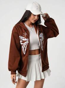 Chaqueta con capucha con estampado de mariposas dulces y oscuras, cálida y peluda, para adolescentes (jóvenes) otoño/invierno 2024