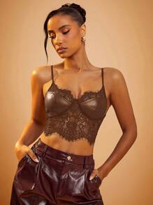 Hauture PU Leather Bust Lace Cami Corset Top - Coffee Brown - View 7