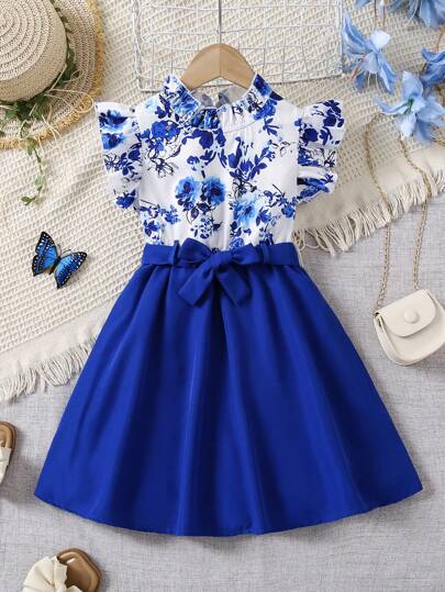 Young Girl Vacation Floral Ruffle Trim Collar And Cuff Blue Skirt Hem And Decorative Waist Belt Dress. A Decorative Waist Belt Is Included To Accentuate The Girl's Waistline For A More Elegant Look. This Dress Is Suitable For Various Occasions, It Can Be Worn On Vacation As Well As For Daily Activities.,Holiday,Summer,Travel
