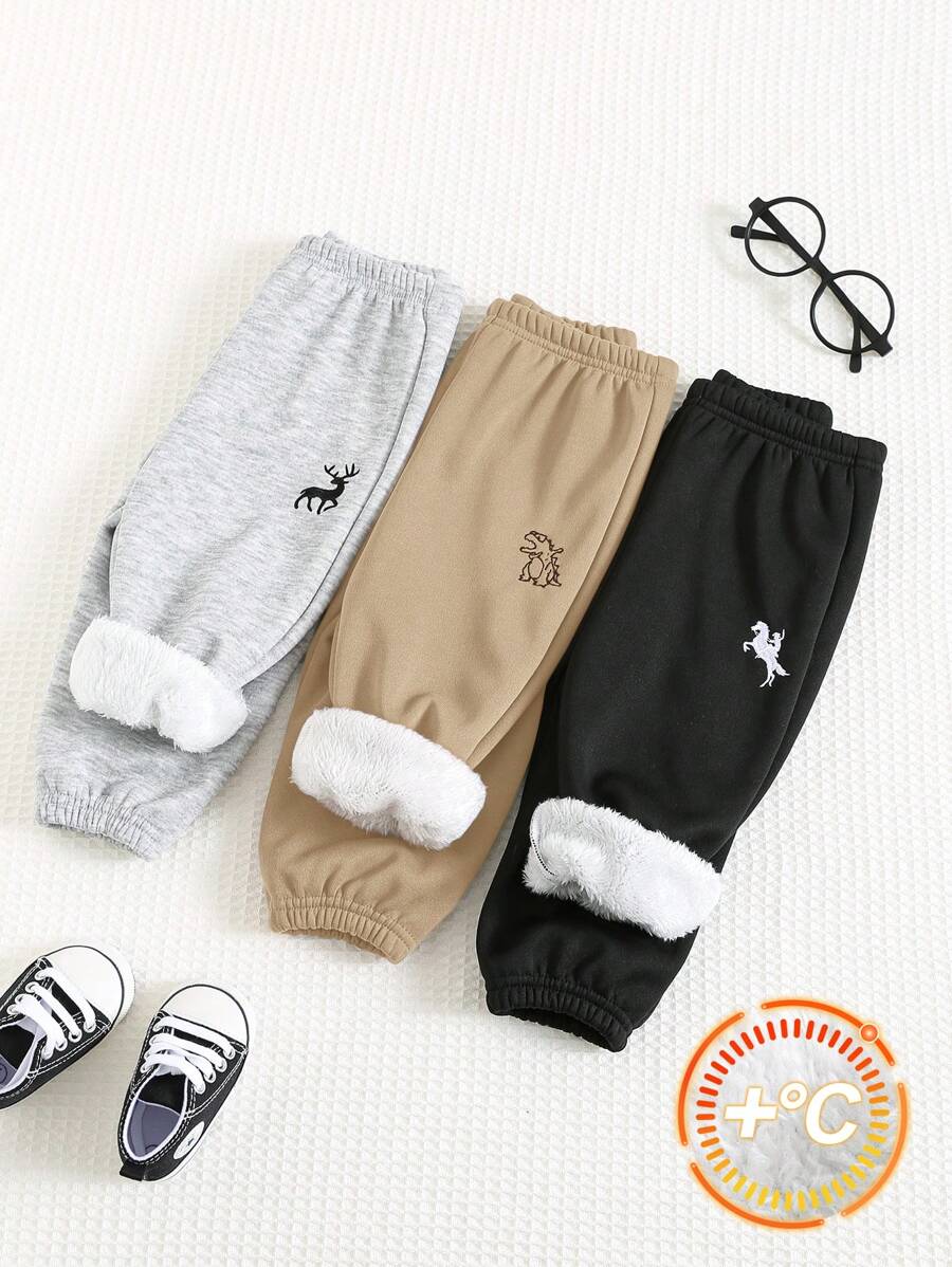 SHEIN 3件裝小男孩買2送1休閒日常舒適刺繡刷毛加厚寬鬆長褲運動褲兒童冬裝秋裝,黑色、卡其色,運動套裝,適合學校、花園、海灘、生日,秋季、冬季 - 彩色 - 查看 1