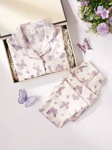 青少年女孩睡衣套装，杏色可爱蝴蝶印花长裤和长袖休闲两件套睡衣 - 杏色 - 查看 4