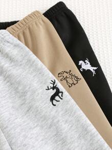 SHEIN 3pcs/Set Baby Boy Cute Solid Color Thick Thermal Lined Cartoon Dinosaur Pattern Elastic Waist Pants, Multi-Pack Basic Trousers Suitable For Autumn, Winter, Outdoor & Skiing