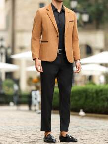 Manfinity Mode Plus Size Men's Solid Color Patchwork Front Button Long Sleeve Pocket Suit Jacket, For Fall/Winter - Khaki - View 6