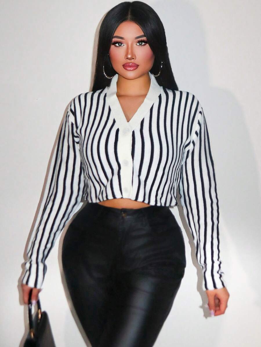 Zolique Women's Long Sleeve Knit Striped Button-Up Cardigan Sweater Fall Cloth For Women - Black and White - View 1