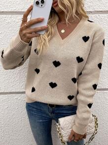 Chiquease Valentine's Day V-Neck Sweater With Heart Pattern, Long Sleeve, Autumn/Winter - Apricot - View 7