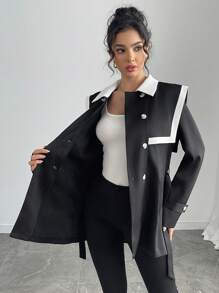 Chiquease Jaqueta corta-vento feminina preta e branca contrastante com cintura marcada e cinto de amarrar, agasalho versátil - Preto - Ver 6