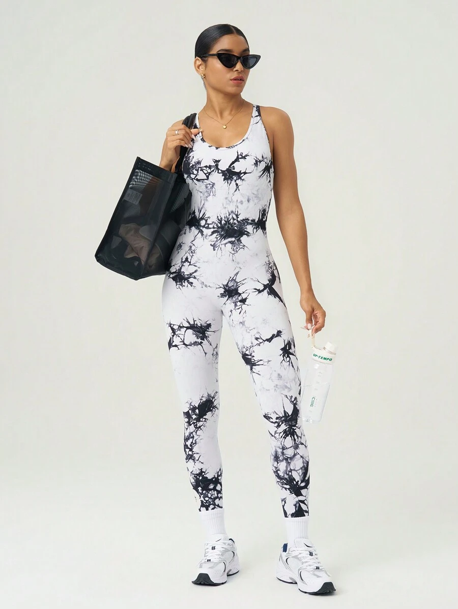 SHEIN Sports Women's Tie Dye Print Backless Crisscross Design Sport Jumpsuit For Daily Wear & Finess - Grey - View 1