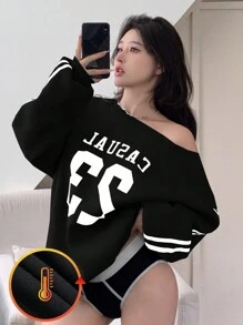 DAZY 织带撞色拼布字母印花保暖衬里女式连帽衫，秋季女装 - 黑色 - 查看 1