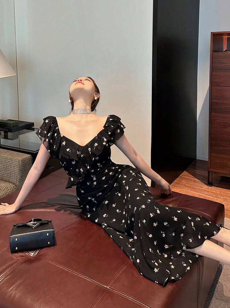 DAZY 植物花卉全印花荷叶边修身波西米亚海滩度假短袖连衣裙女式夏季太阳裙舞会礼服 - 黑色 - 查看 5