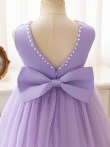 SHEIN Glamorique Kids 年轻女孩公主裙派对选美正式薄纱礼服，紫色网眼蓬松裙，V 形后背串珠 3D 蝴蝶结无袖裙，适合派对，四季皆宜 - 紫色 - 查看 4