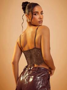 Hauture PU Leather Bust Lace Cami Corset Top - Coffee Brown - View 4
