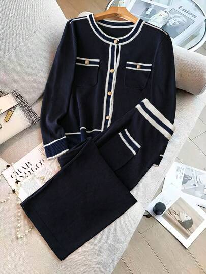 Regalyn Sapphire Blue Sweater Set With Pocket And White Striped Trim, Fashion And Classic Design, Visually Attractive And Versatile For Various Occasions Fall Winter Cloth For Women