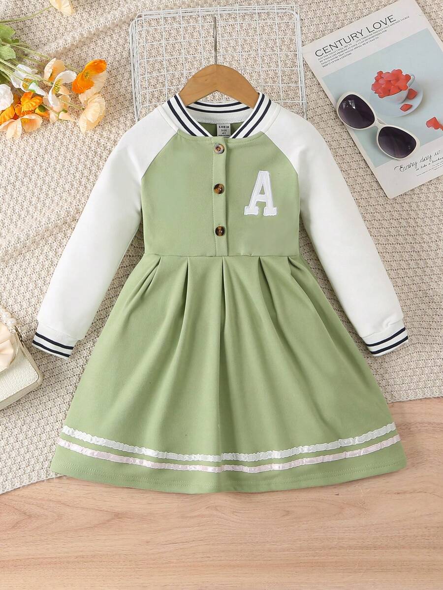 SHEIN Kleine Mädchen Lässig Kleid Einfarbig mit Patchwork-Muster, Knopfleiste, Langarm - Grün - Übersicht 1