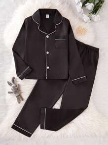 SHEIN 2pcs Tween Boy Elegant Plain Black Pajamas Set, Long Sleeve Top & Pants, Casual & Comfortable Loungewear - Black - View 3
