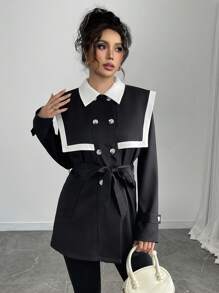 Chiquease Jaqueta corta-vento feminina preta e branca contrastante com cintura marcada e cinto de amarrar, agasalho versátil - Preto - Ver 1