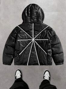 Manfinity VCAY Áo khoác trùm đầu có dây rút, họa tiết tương phản thường ngày dành cho nam, áo khoác Rapper ấm áp thời trang dự tiệc mùa đông, quà tặng cho bạn bè, chồng, bạn trai - màu đen - Xem 2