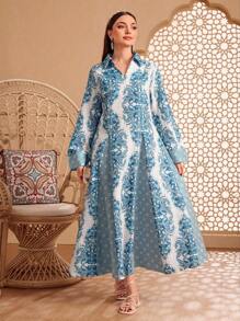 Al Najma Women's Elegant Retro Floral Printed Arabic Style Long Dress - Teal Blue - View 3