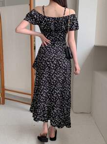 DAZY 女士荷叶边下摆中长连衣裙露肩上衣