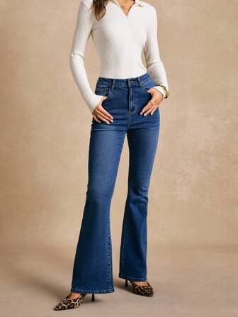 Poéselle 蓝色牛仔裤，蓝色牛仔裤，女式前扣口袋简约设计牛仔裤，轻松时尚基本款，休闲日常穿着